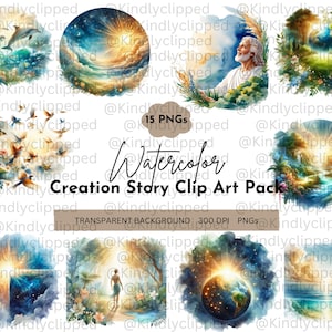 Può includere: Un set di 15 illustrazioni ad acquerello che rappresentano scene della storia della creazione. Le immagini presentano una varietà di soggetti, tra cui il sole, la terra, gli uccelli e un uomo con la barba. Le immagini sono tutte su sfondo bianco e sono perfette per l'uso in una varietà di progetti creativi.
