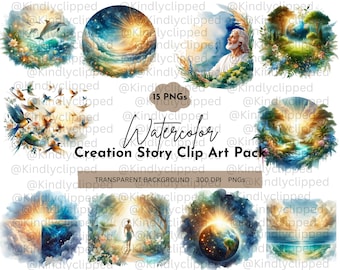 Clip art de la historia de la creación en acuarela: Siete días del Génesis (Descarga digital)