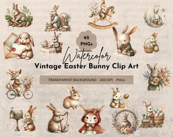Vintage Easter Bunny Watercolor Clipart: Retro PNG Graphics (Digital Download)
