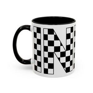 Checkered Black and White Indy Mug, Retro Style Cup, Patterned Coffee Mug, Monochrome Tea Mug, Vintage Inspired Drinkware, Bold Design, Gift
