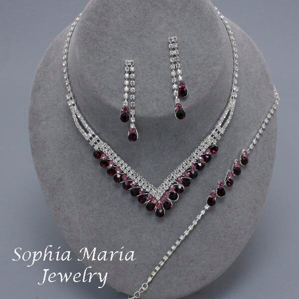 Purple teardrop crystals 3 piece evening necklace set bridesmaids prom bridal party jewelry