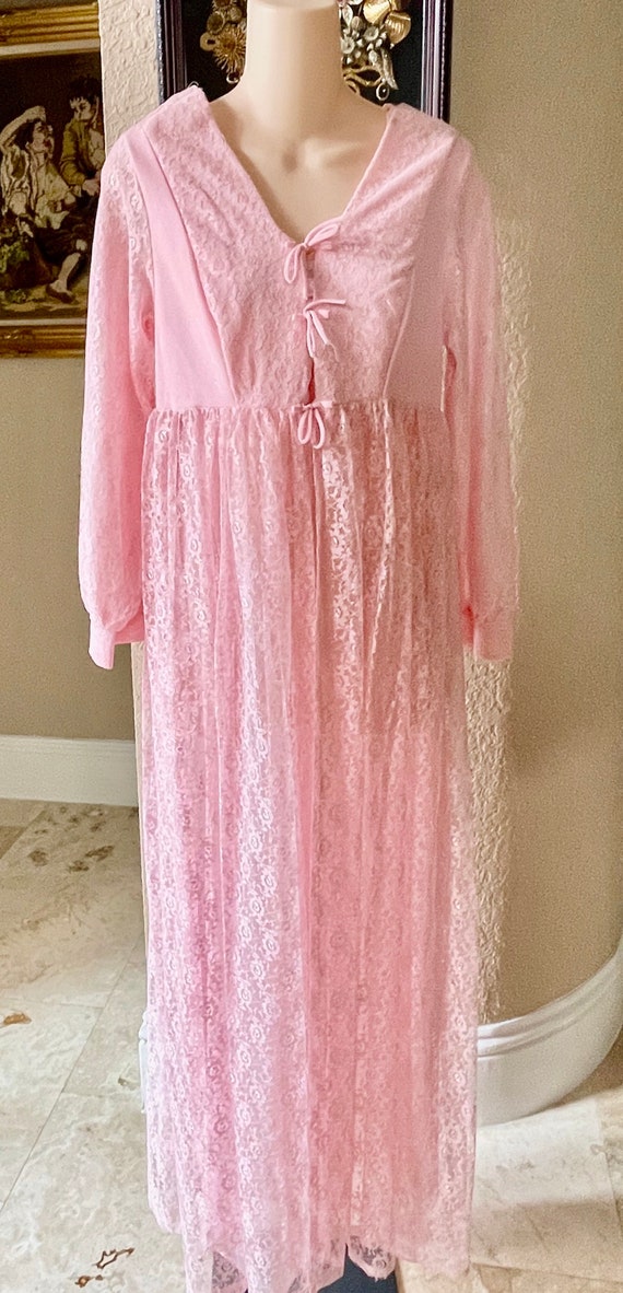 Vintage pink lace long nightgown with robe Extra S