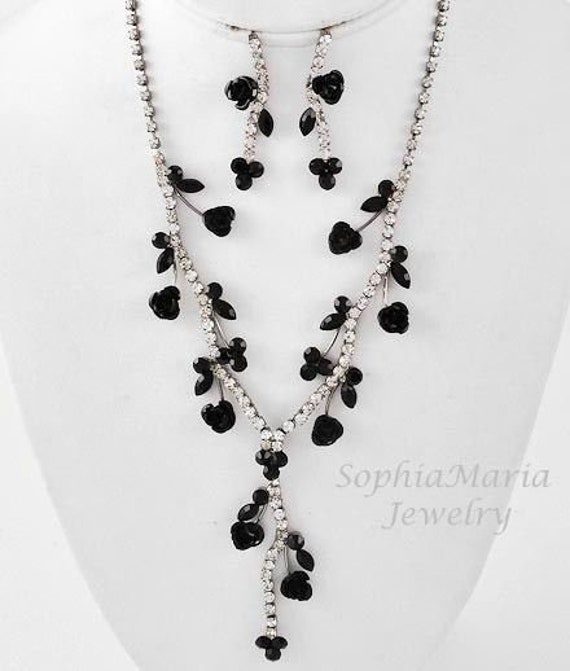 Black crystal flower necklace set bridesmaid weddi