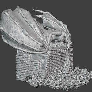 May include: A gray 3D printed dragon sculpture with wings spread wide, perched on a brick wall and breathing fire. The fire is depicted as a flowing stream of flames.