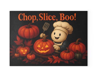 May include: A rectangular cutting board with a Halloween theme. The image features a cartoon chef character surrounded by orange pumpkins and fall leaves. The text "Chop, Slice, Boo!" is displayed in orange.