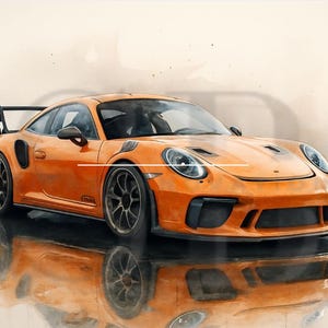 Pode incluir: Carro desportivo laranja com rodas pretas e um spoiler traseiro. O carro é um coupé com um perfil baixo e reflete-se na superfície molhada por baixo. O carro tem um design elegante e aerodinâmico.