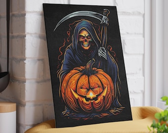 May include: A Halloween-themed graphic on a black background. It features a Grim Reaper figure in a dark blue hooded cloak, holding a scythe, and standing behind a carved orange pumpkin with a glowing face. The artwork has orange and red accents.
