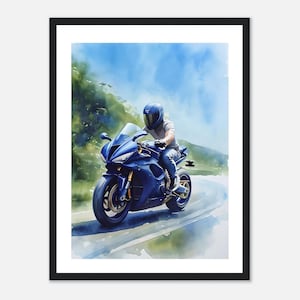 Blaues Motorrad gerahmtes Poster: Fertig zum Aufhängen