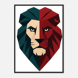 Geometric Lion Face Illustration with Bold Symmetrical Colours