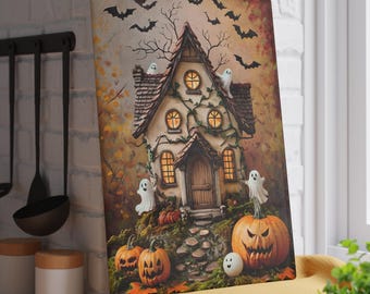 May include: A Halloween-themed decorative canvas print featuring a spooky house with glowing windows, surrounded by pumpkins, ghosts, and bats. The artwork has a warm color palette with orange, brown, and green hues, creating a festive and eerie atmosphere.