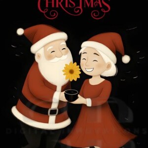 May include: A digital illustration of Santa Claus and a woman in red outfits, holding a sunflower and a small black bowl. The words "MERRY CHRISTMAS" are written in red script above them, with snowflakes in the corners.