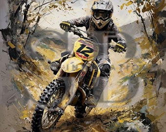 Arte de carreras de motocross / Ilustración de motociclista todoterreno / Impresión cuadrada en PDF