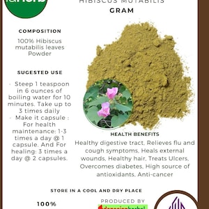 50 g - 500 g Organic Pure Powder Of Cotton Rosemallow (Hibiscus mutabilis) Waru landak Leaves  WildCrafted Fresh Natural Herbs