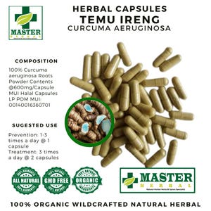 May include: Herbal capsules labeled "TEMU IRENG CURCUMA AERUGINOSA" with a pile of light brown capsules. The image includes text detailing the composition, suggested use, and certifications like "All Natural" and "Organic Ingredients."