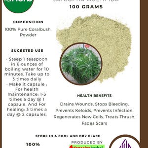 50 g - 500 g Organic Pure Powder Of Coral Plant or Coralbush (Jatropha Multifida) jarak tingkir 100% Organic WildCrafted Fresh Natural Herbs