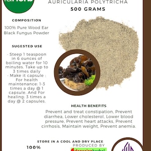 50 g - 500 g Organic Pure Powder Of Wood Ear Black Fungus Powder Auricularia Polytricha WildCrafted 100% Fresh Natural Herbs Organic