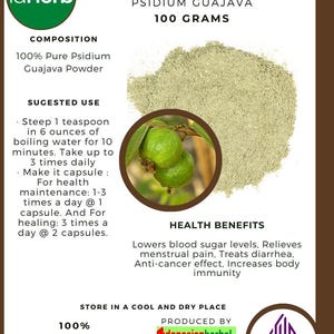 50 g - 500 g Organic Pure Powder Of Guava Leaf / Yellow Guava / Lemon Guava (Psidium Guajava) WildCrafted 100% Fresh Natural Herbs