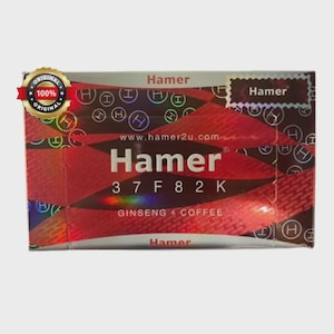 May include: A rectangular box with the word "Hamer" in large white letters. The box has a red and black design with the text "37 F82 K" and "Ginseng & Coffee". A gold seal with "Original 100% Original" is in the upper left corner.