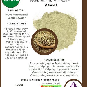 50 g - 500 g Organic Pure Powder Of Fennel (Foeniculum Vulgare) Biji Adas Pedas 100% Organic WildCrafted Fresh Natural Herbs