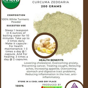 May include: A brown and white label with the text "idHerb Natural Herbal Specialist" and "KUNYIT PUTIH CURCUMA ZEDOARIA 200 GRAMS" in a white box. The label also includes a list of health benefits, ingredients, and suggested use for the product. The label is on a white background with a picture of a turmeric root and a pile of turmeric powder.
