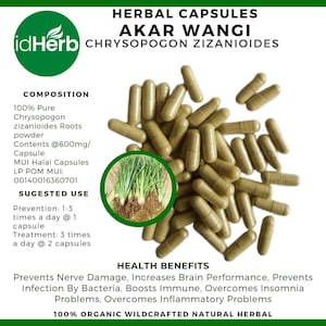 Op de afbeelding: Een afbeelding van kruidencapsules met de tekst "AKAR WANGI CHRYSOPOGON ZIZANIOIDES". De capsules zijn lichtbruin en verspreid over de afbeelding. De tekst geeft details over de samenstelling, het gebruik en de gezondheidsvoordelen.