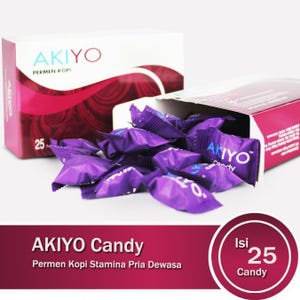 May include: A white and magenta box of AKIYO candy with the text "PERMEN KOPI". The box is open, revealing individually wrapped purple candies. The text "AKIYO Candy" is displayed on a magenta banner.