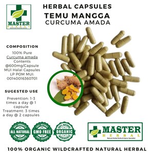 May include: Green herbal capsules labeled "Herbal Capsules Temu Mangga Curcuma Amada" with a logo. The image includes text about the composition, suggested use, and certifications. The capsules are shown with turmeric root and leaves.