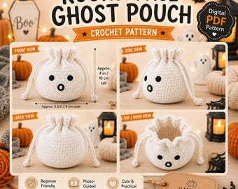Round Face Ghost Pouch Crochet Pattern PDF, Halloween Drawstring Bag, Beginner Photo Guided Crochet, No Sew Ghost Amigurumi Pouch