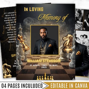 May include: A memorial card design with a photo of a man in a suit, chess pieces, and the text "In Loving Memory of William Steveson." The design includes a chessboard background and the dates 21 April, 1983 - 26 May, 2025.