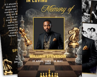 Black & Gold Chess Funeral Program Template: 8-Page Memorial (Digital Download)