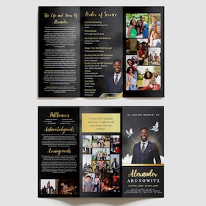 May include: A black and gold funeral program, tri-fold design, with the text "The Life and Times Of Alexander" and "Order of Service." Includes photos, names, and dates. Features the text "In Loving Memory of Alexander Aronowitz."