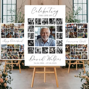 Op de afbeelding: Drie witte herdenkingsborden op houten ezels. Het centrale bord leest "Celebrating the Life of David Walker" met een collage van foto's. De andere borden zeggen "Always Remembered" en "Forever in our Hearts."