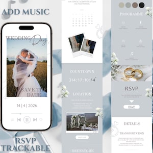 May include: A digital wedding invitation design with a smartphone displaying a photo of a couple. The invitation includes details like the date, RSVP information, and a countdown. The design is in shades of blue and white, with floral accents.