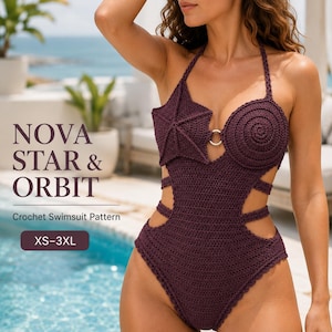 May include: A dark purple crochet swimsuit featuring a star-shaped cup on one side and a spiral-shaped cup on the other, connected by a silver ring. The text reads NOVA STAR & ORBIT Crochet Swimsuit Pattern XS-3XL.