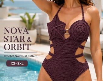 Wzór na szydełkowy kostium kąpielowy w formacie PDF, monokini w gwiazdki i spirale, kostium kąpielowy jednoczęściowy z wycięciem, XS-3XL, wzór dla początkujących