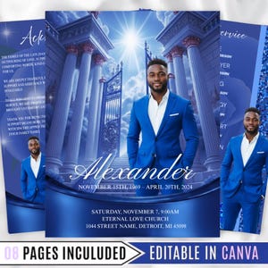 Puede incluir: Un anuncio de servicio conmemorativo azul y blanco. El diseño presenta una foto de un hombre con un traje azul, con texto que incluye el nombre "Alexander" y los detalles del servicio. El anuncio incluye el texto "08 PAGES INCULUDED EDITABLE IN CANVA".
