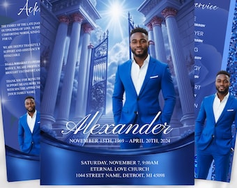 Royal Blue Funeral Program Template, Elegant Memorial (Canva)