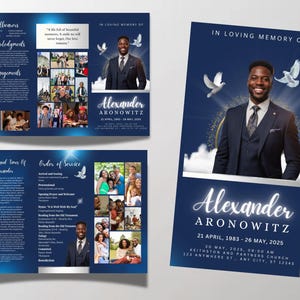 May include: A memorial service program in shades of blue, featuring a portrait of a man in a suit, doves, and the name "Alexander Aronowitz." The program includes details of the service and a collage of photos.