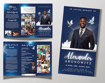 Royal Blue Funeral Program Template, Trifold, Canva Editable (Digital Download)