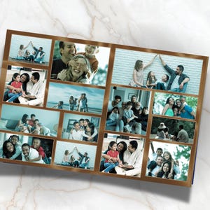 May include: A collage of family photos arranged in a brown frame. The photos feature various families and groups of people, with a focus on happy moments and interactions. The images are in a variety of settings, including indoors and outdoors.