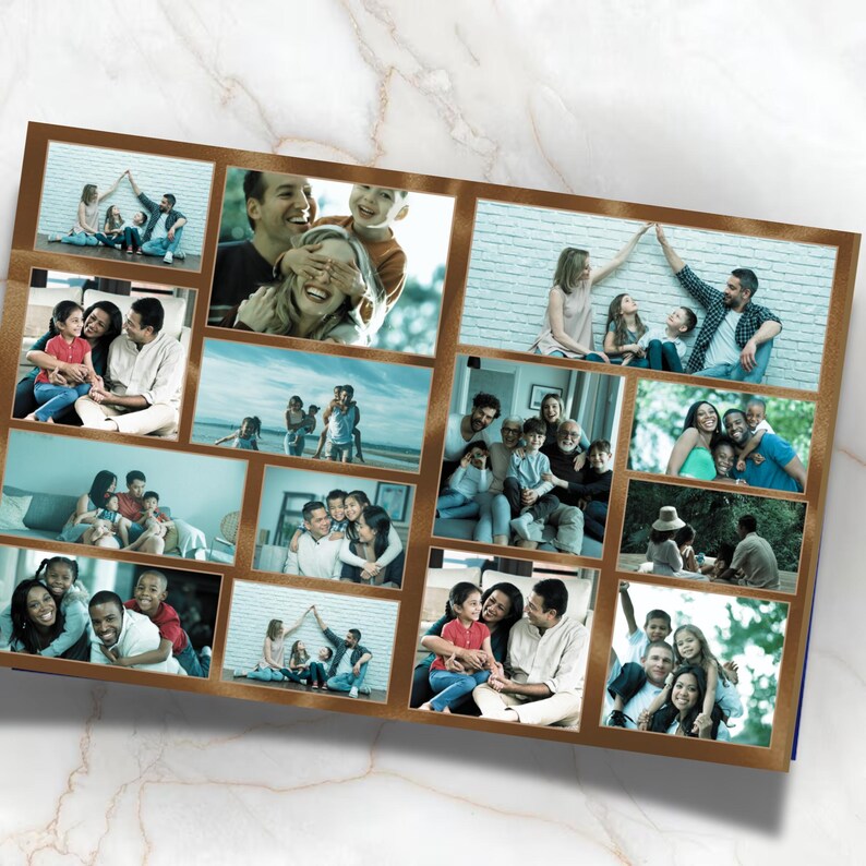 May include: A collage of family photos arranged in a brown frame. The photos feature various families and groups of people, with a focus on happy moments and interactions. The images are in a variety of settings, including indoors and outdoors.