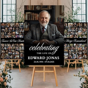 May include: A memorial display featuring a central portrait of a man, surrounded by photo collages and text. The text reads "celebrating the life of Edward Jonas" with dates. The display is on a wooden easel.