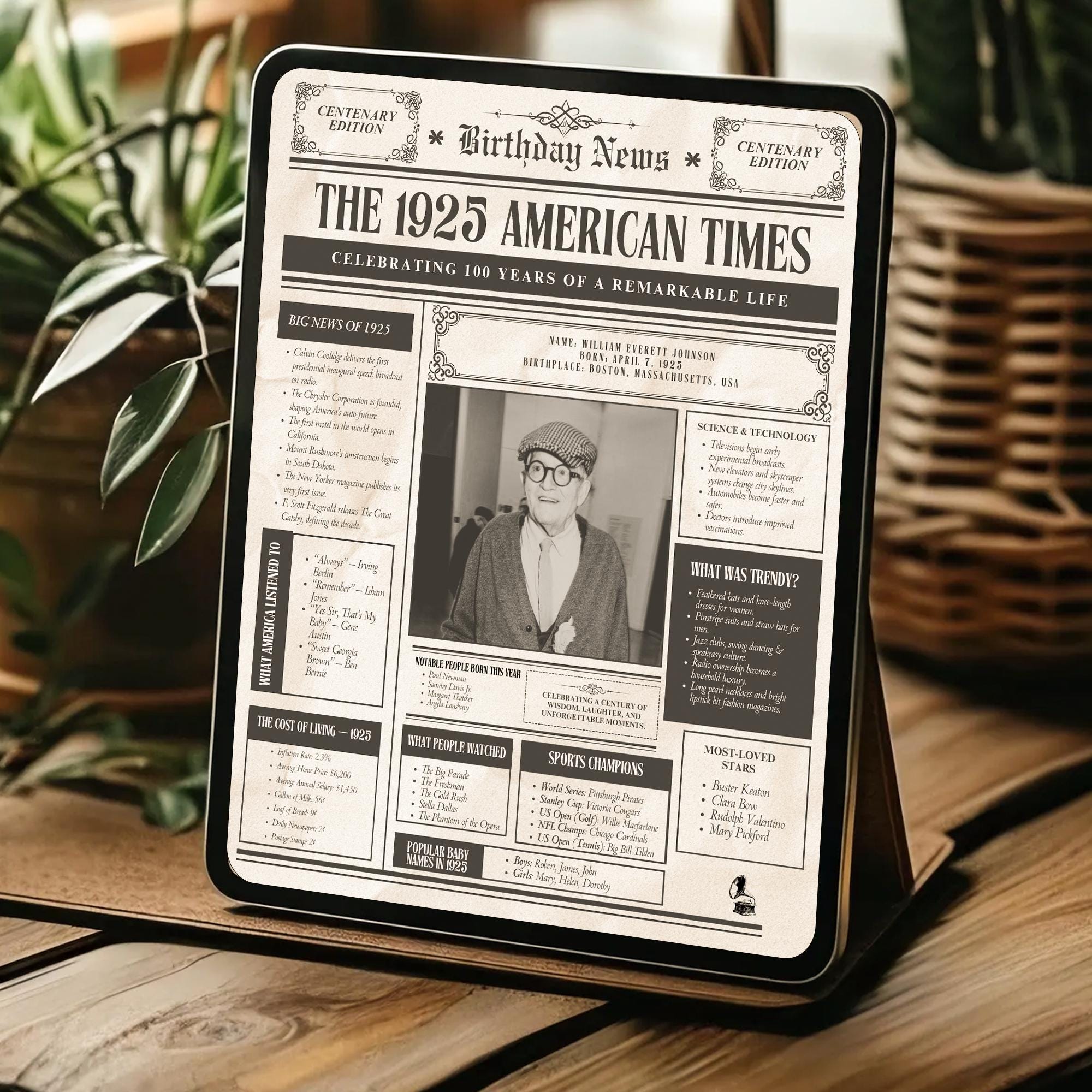 100th Birthday Newspaper Poster, 1925 USA Highlights (digital) - Etsy