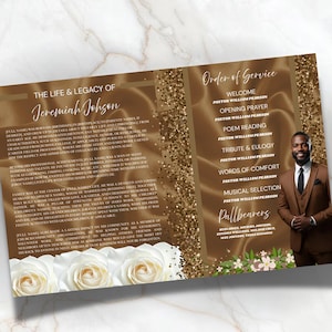May include: A memorial service program with a gold and brown color scheme. The left side features text about the life and legacy of Jeremiah Johnson. The right side lists the order of service, with a photo of a man in a suit.