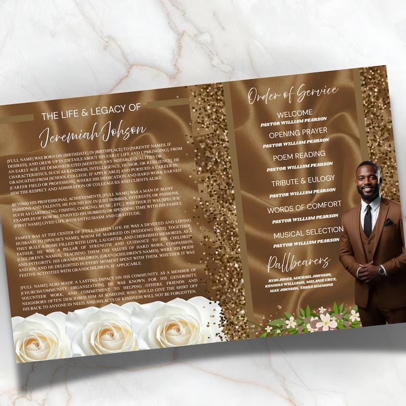 May include: A memorial service program with a gold and brown color scheme. The left side features text about the life and legacy of Jeremiah Johnson. The right side lists the order of service, with a photo of a man in a suit.