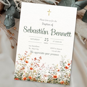 Wildflower Baptism Invitation: Editable Floral Christening Template (PDF Canva Download