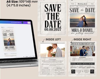 Wedding Save The Date Newspaper Template, Photoshoot Announcement (Canva, Digital Download)