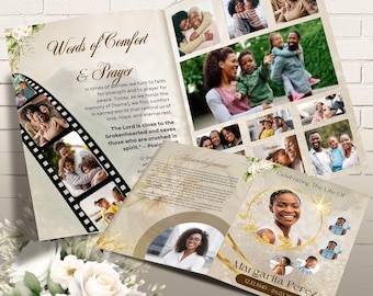 Gold Roses Funeral Program Template: Elegant Memorial Obituary (PDF)
