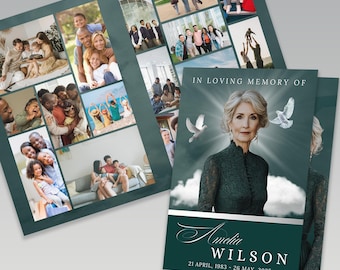 Elegant Green & Silver Funeral Program Template: 8-Page Canva Editable Digital Download