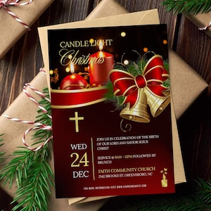 May include: A Christmas invitation card with a burgundy background, featuring a cross, candles, and bells. The text reads "CANDLE LIGHT Christmas" and details about a church service on December 24th.